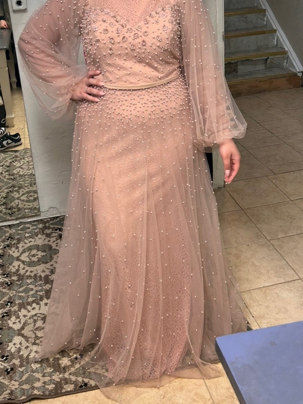 Elegant Pearl-Embroidered Blush Evening Dress